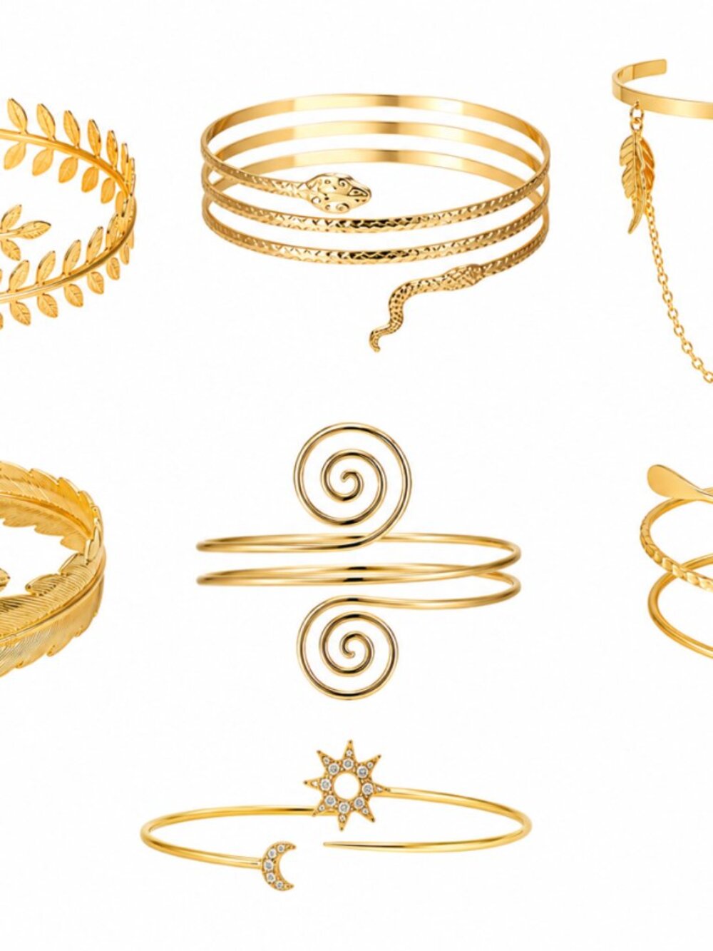 Gold Boho Adjustable Arm Cuff Set - Goddess, Leaf and Spiral Designs / Set of 7